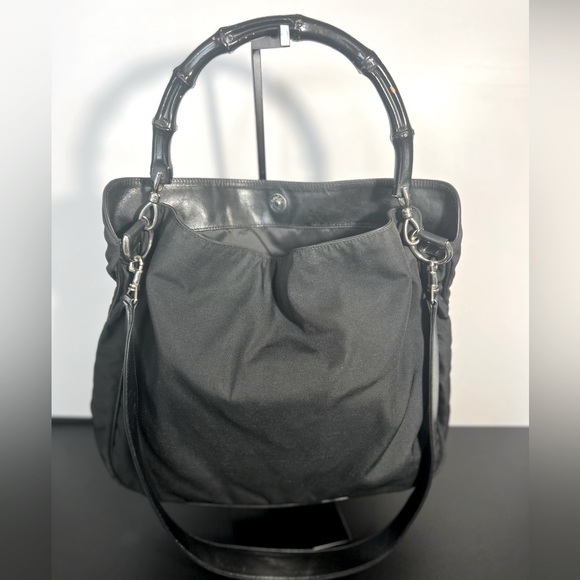 Gucci black nylon canvas hobo bag with leather strap and bamboo handle - Picture 1 of 15